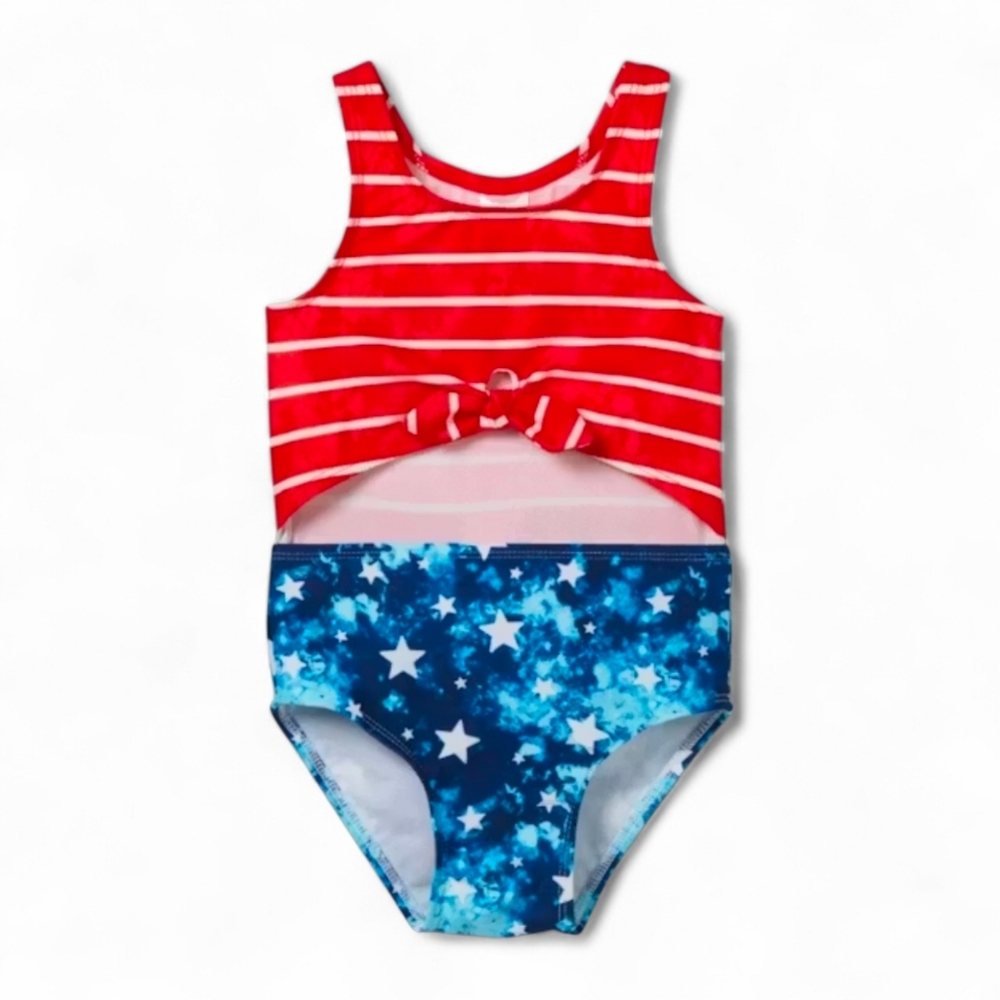 Cat & Jack Baby Girl One-Piece Swimsuit Red White Blue Stars Stripes Size 3T